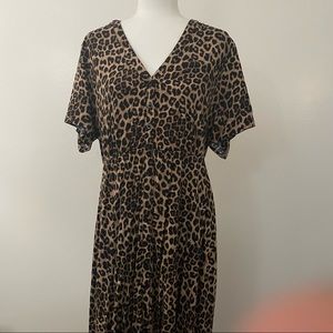 Leopard Print Challis Button Front Sharkbite Midi Dress